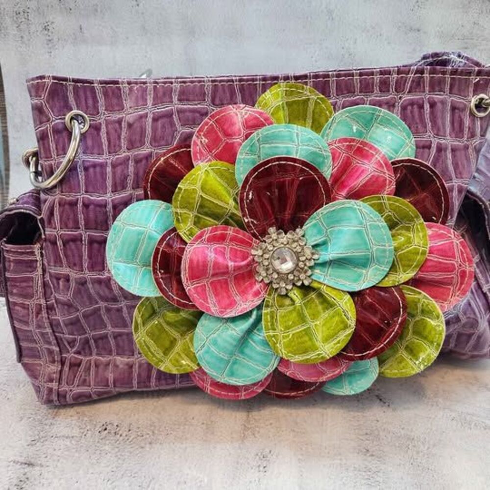 Purple Faux Crocodile Handbag with Multi-Color Floral Accent